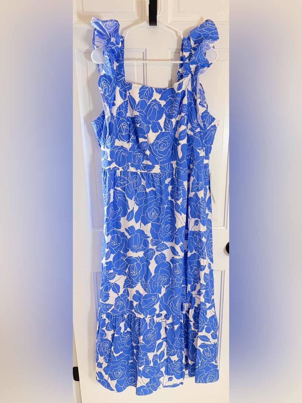 NWT London Times Plus 16W Blue Floral Ruffle Strap Cotton Maxi Dress